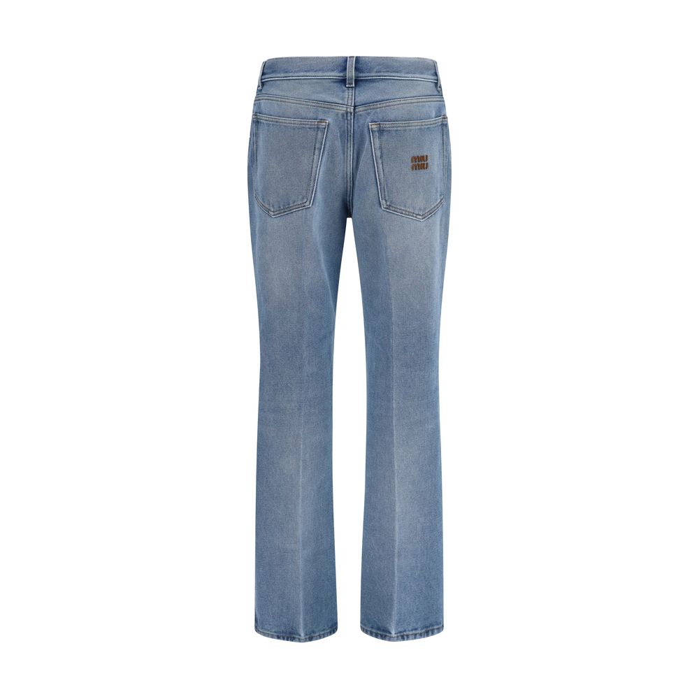 Blue Cotton Wide-Leg Jeans with Leather Detail