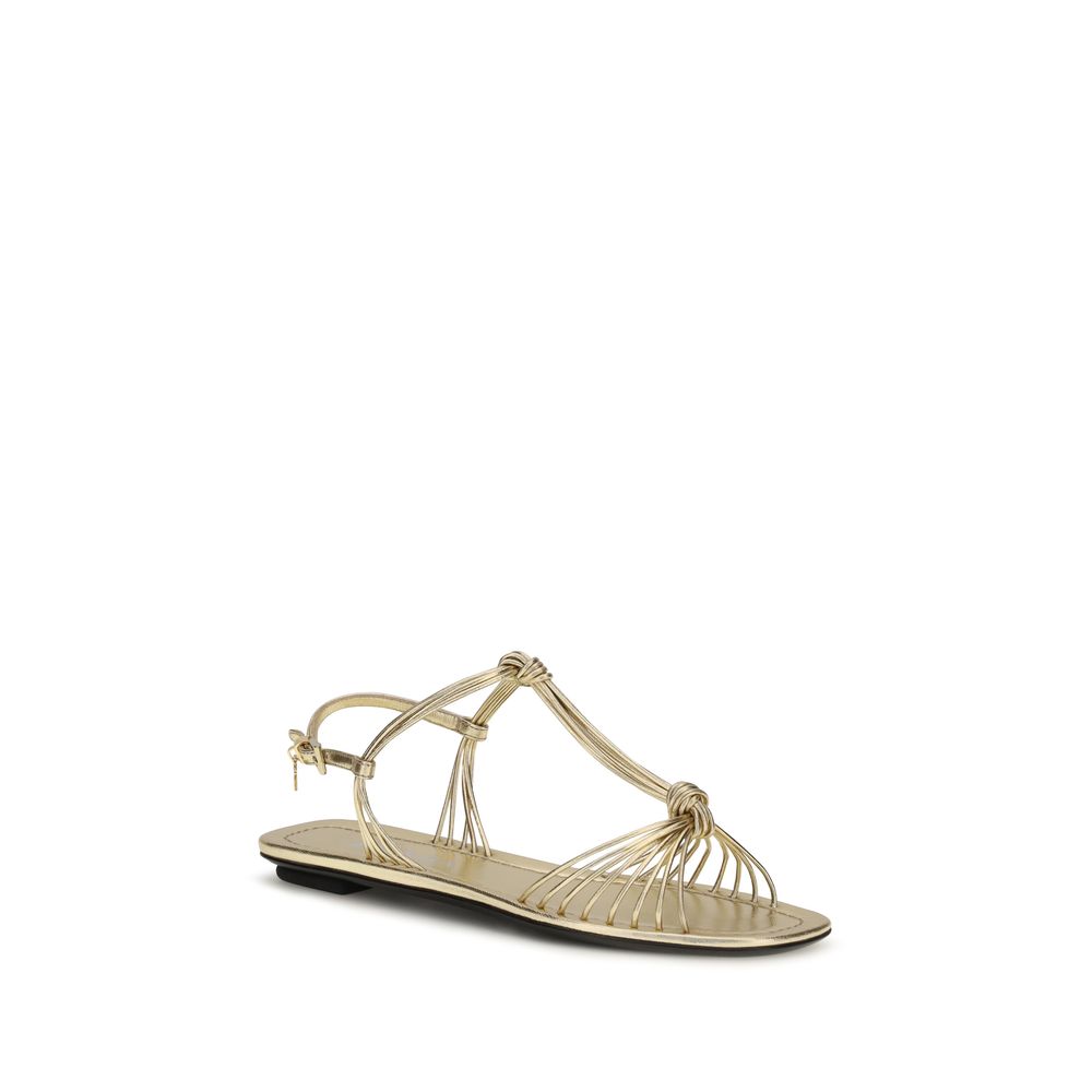 Gold Leather Flat Sandals with Metal Buckle