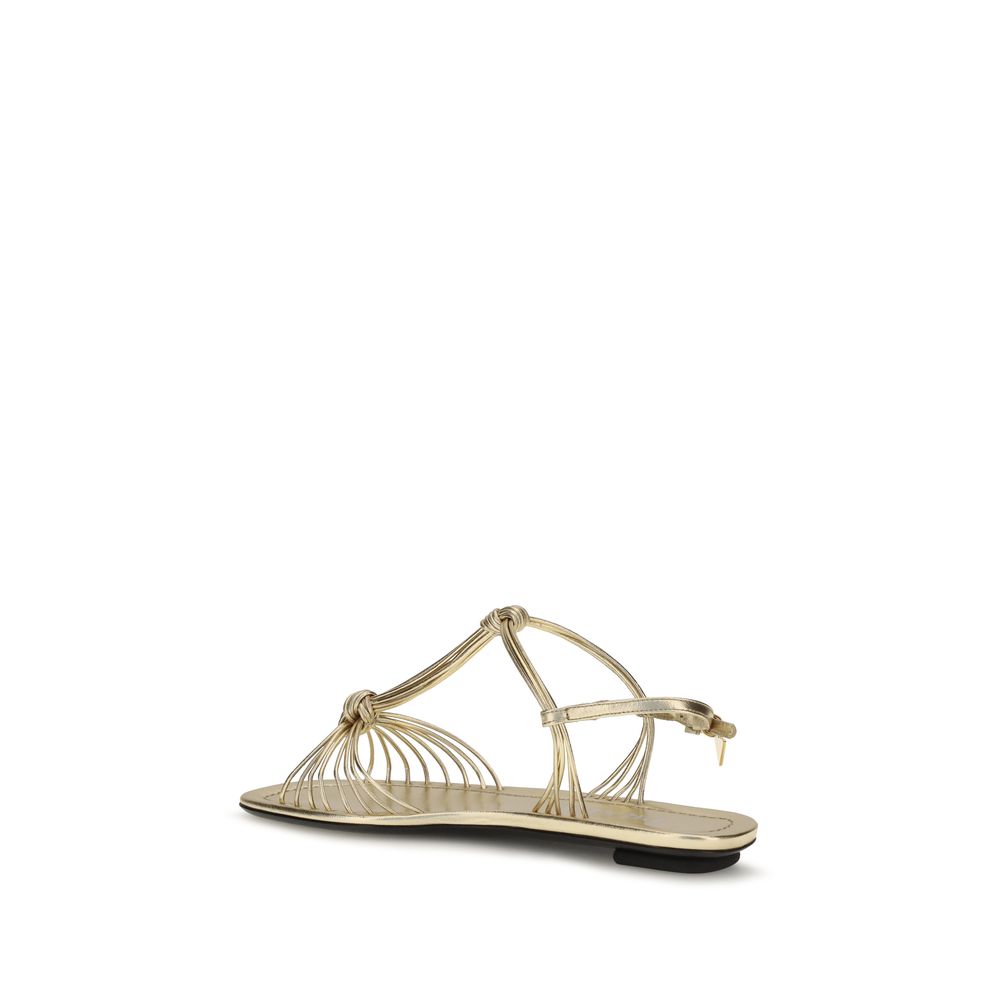 Gold Leather Flat Sandals with Metal Buckle