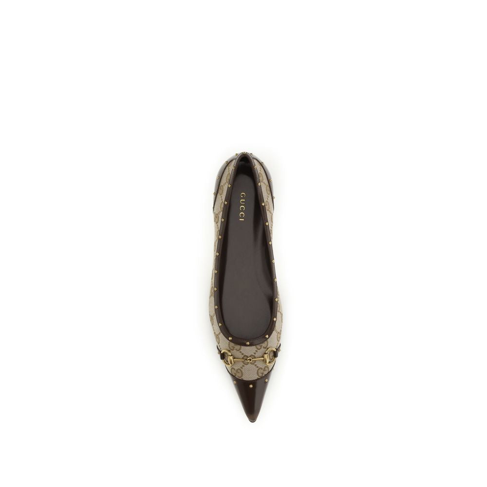 Beige Gucci Ballet Flats with Leather Trim and Gold Detail