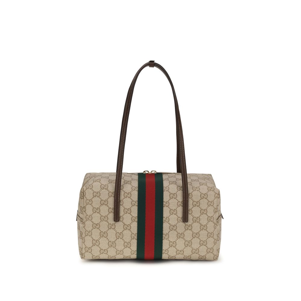 Beige Schultertasche aus Baumwolle mit Lederbesatz