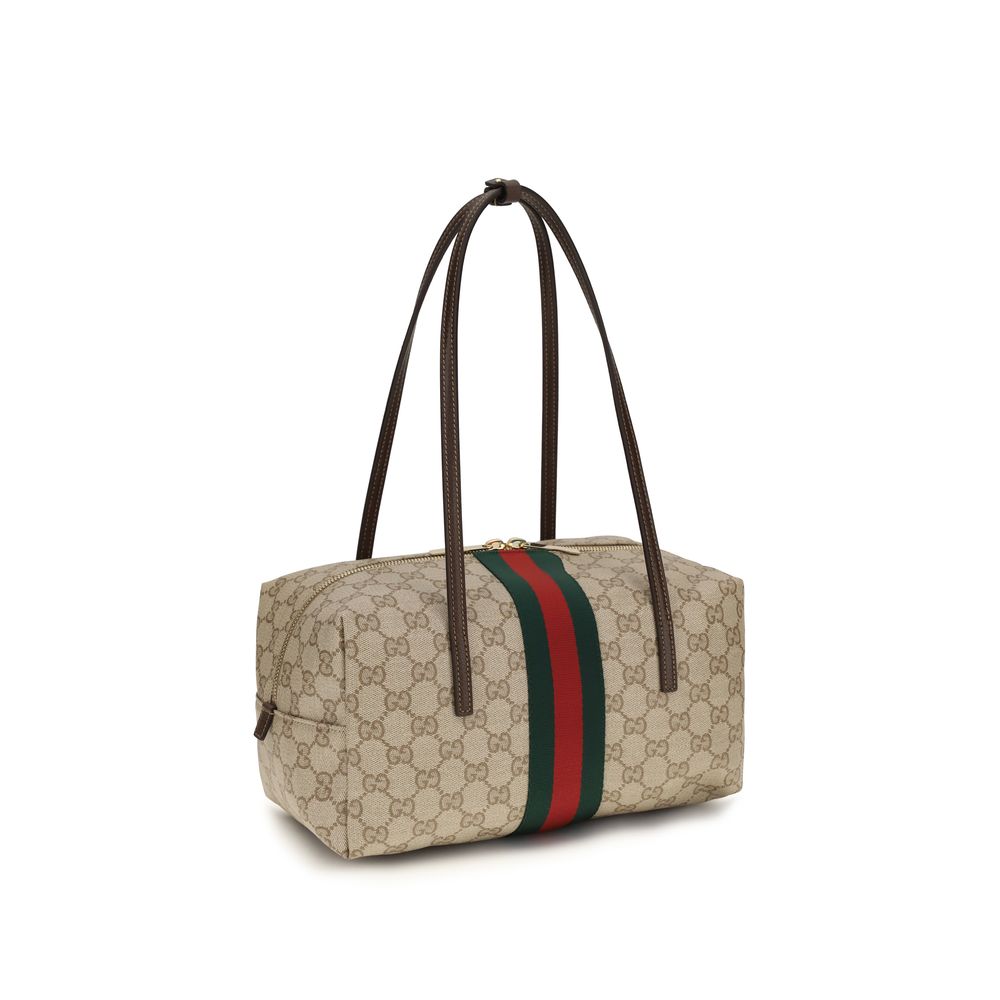 Beige Schultertasche aus Baumwolle mit Lederbesatz