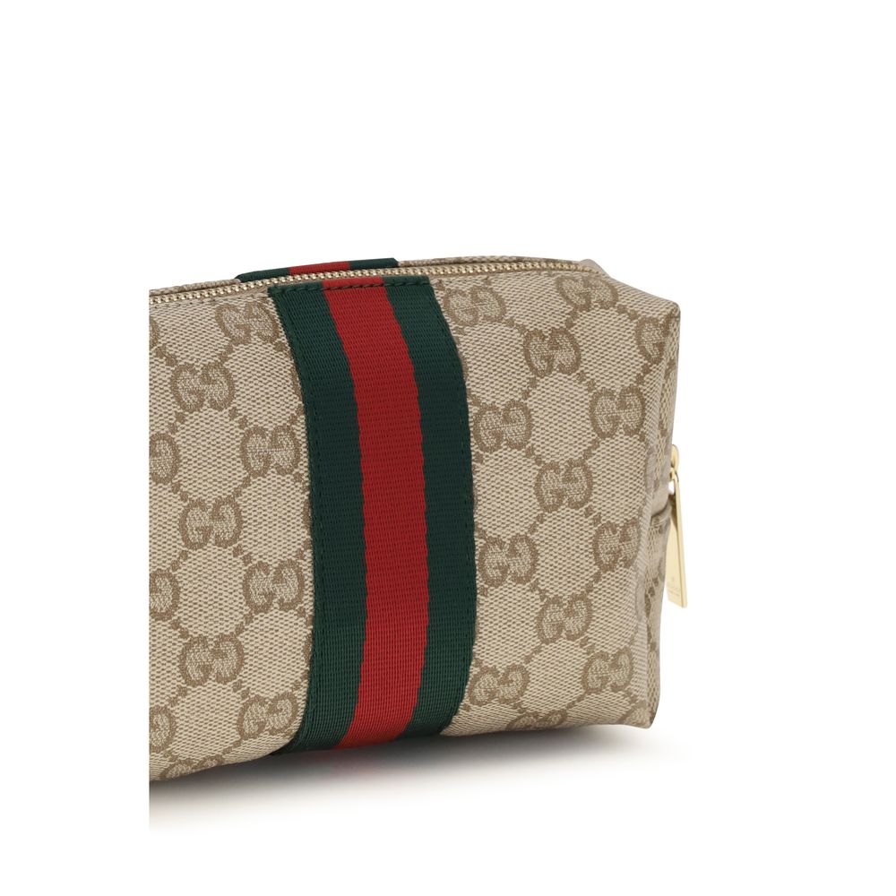 Beigefarbener Beauty-Case aus Baumwolle mit Webstreifen von Gucci
