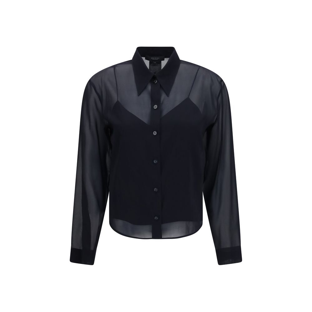 Schwarzes Seiden-Chiffon-Hemd mit abnehmbarem Unterhemd