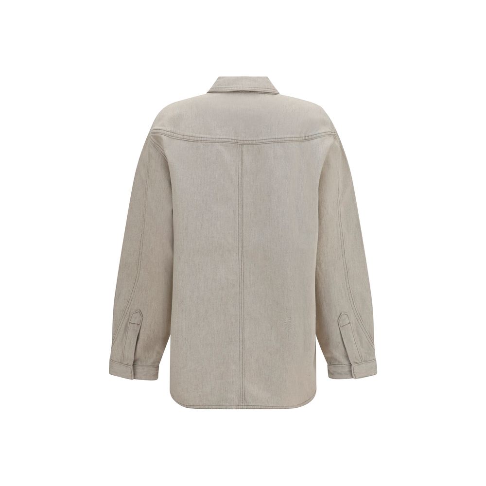 Beige Cotton Denim Shirt with Trapeze Silhouette