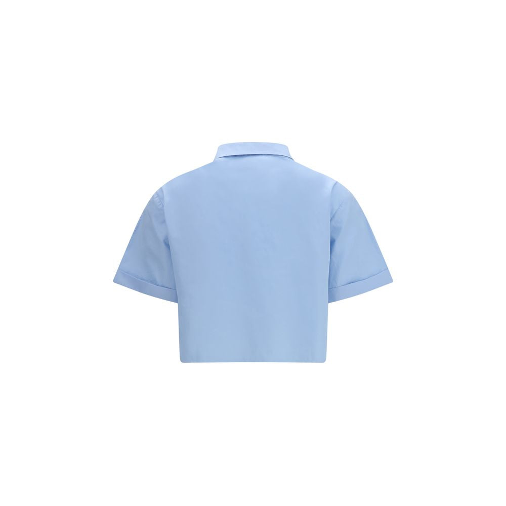 Blaues Baumwollpopelinehemd mit Rüschenbesatz