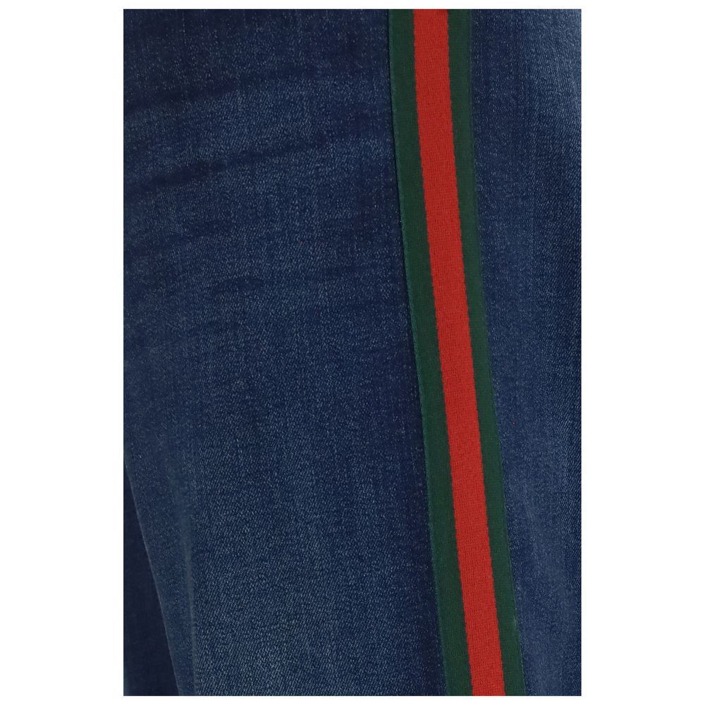 Blue Cotton Flared Jeans with Web Stripe by Gucci