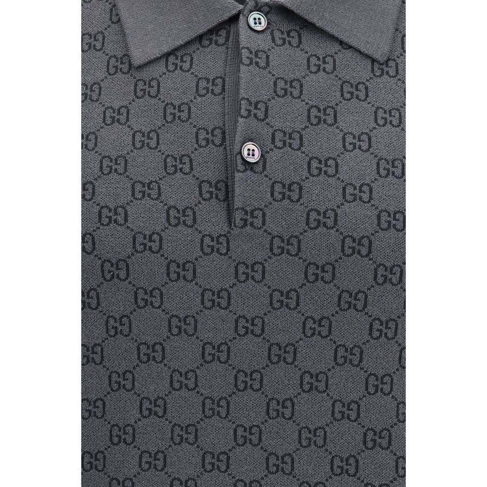 Gray Wool and Silk Polo Shirt with GG Jacquard Pattern