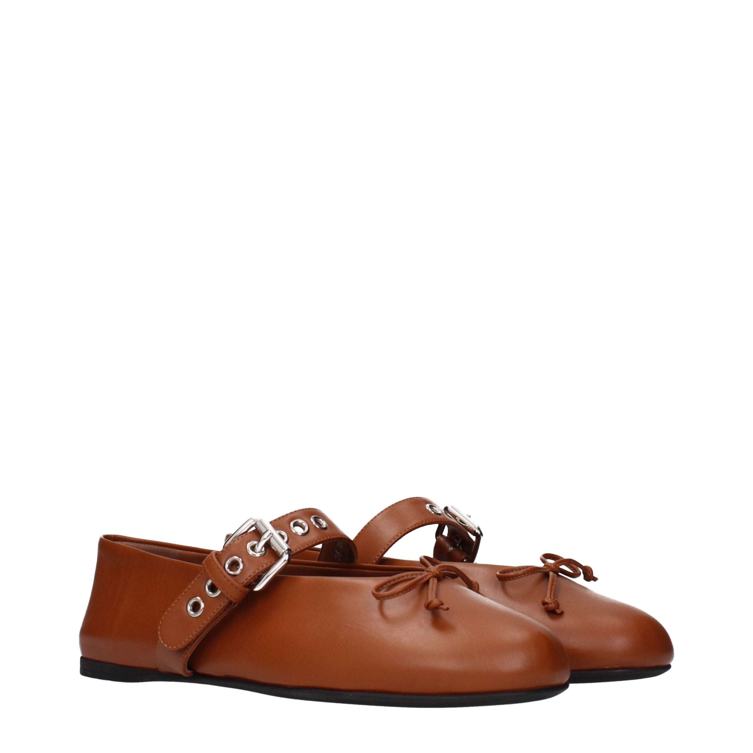 Brown Leather Ballet Flats with Front Detail by Miu Miu