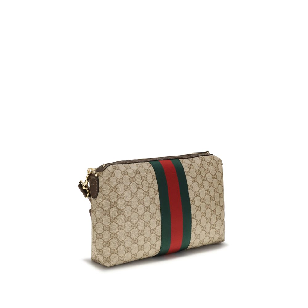 Beige GG Canvas Schultertasche mit Lederbesatz