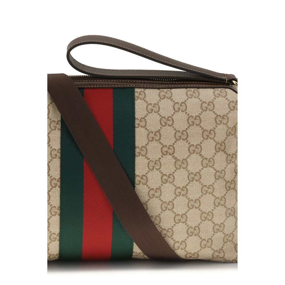 Beige GG Canvas Schultertasche mit Lederbesatz