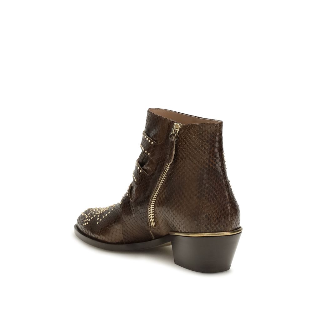 Brown Leather Calf Ankle Boots with Studs and Buckles