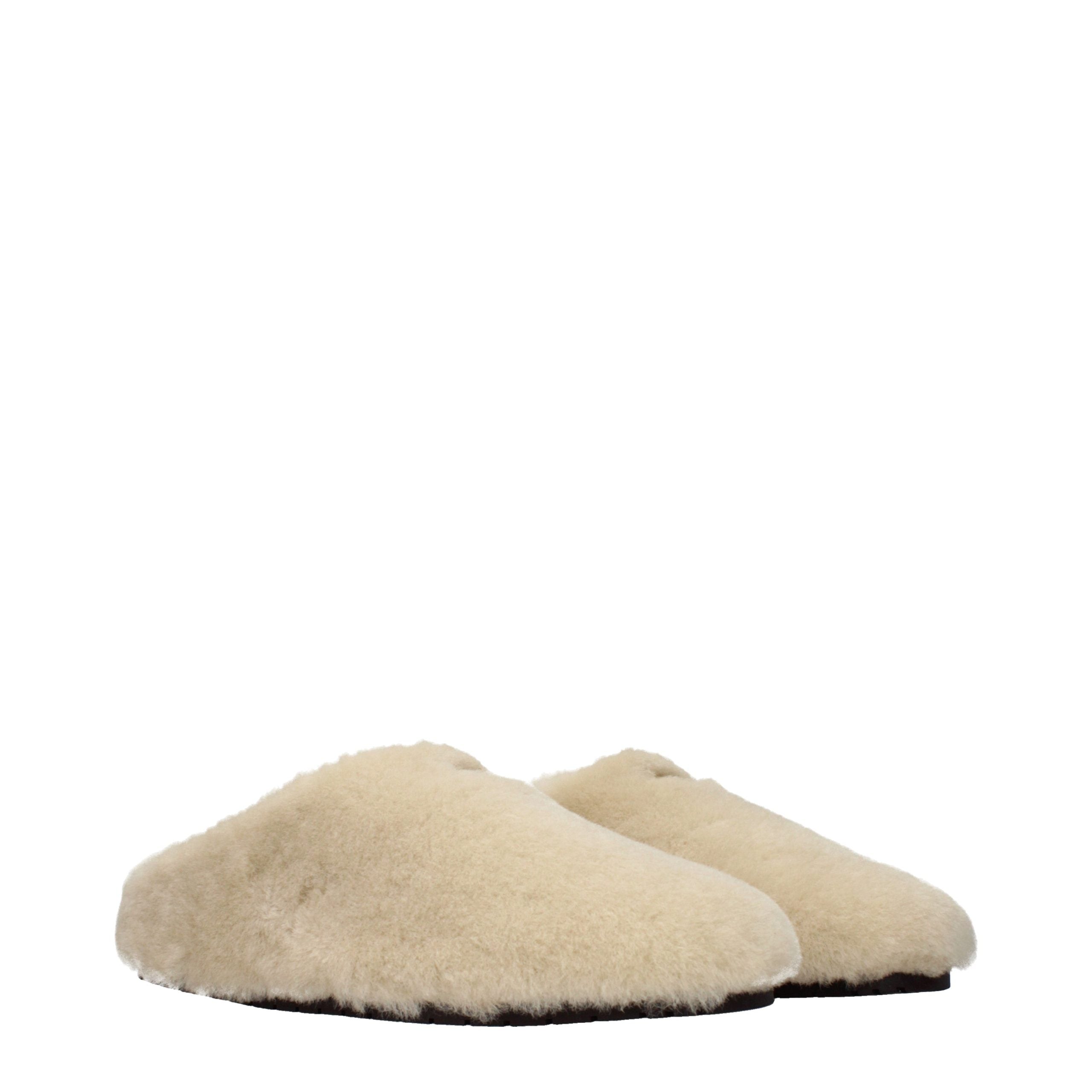 Beige Prada Fur Slippers with Front Logo