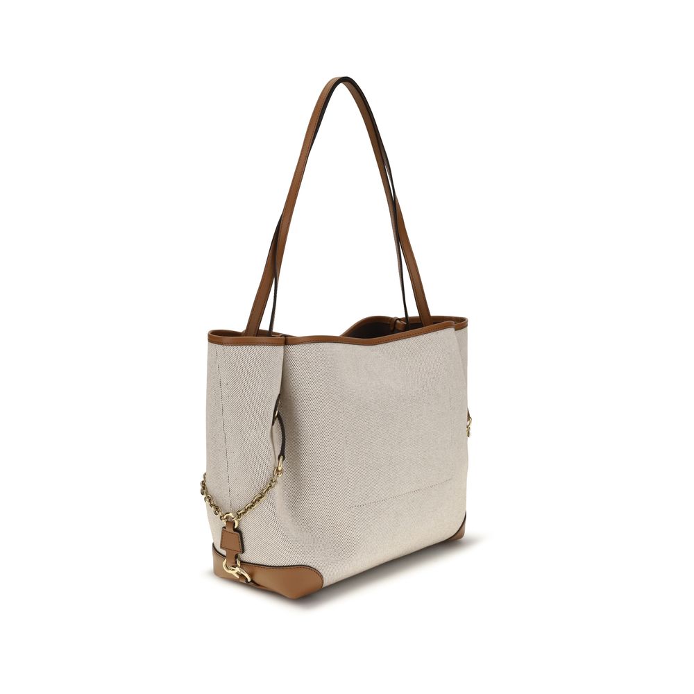 Beige Baumwoll-Einkaufstasche mit Lederdetails