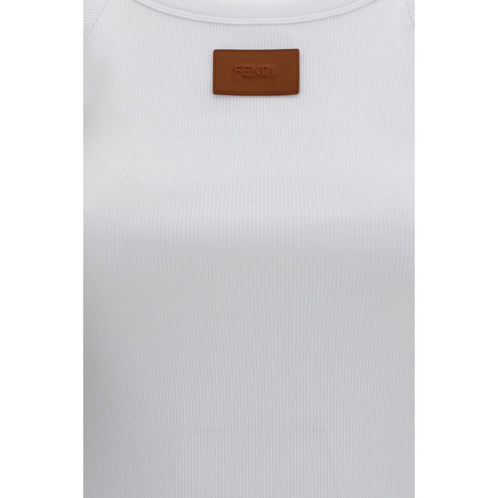 White Cotton Sleeveless T-Shirt with Leather Logo Patch