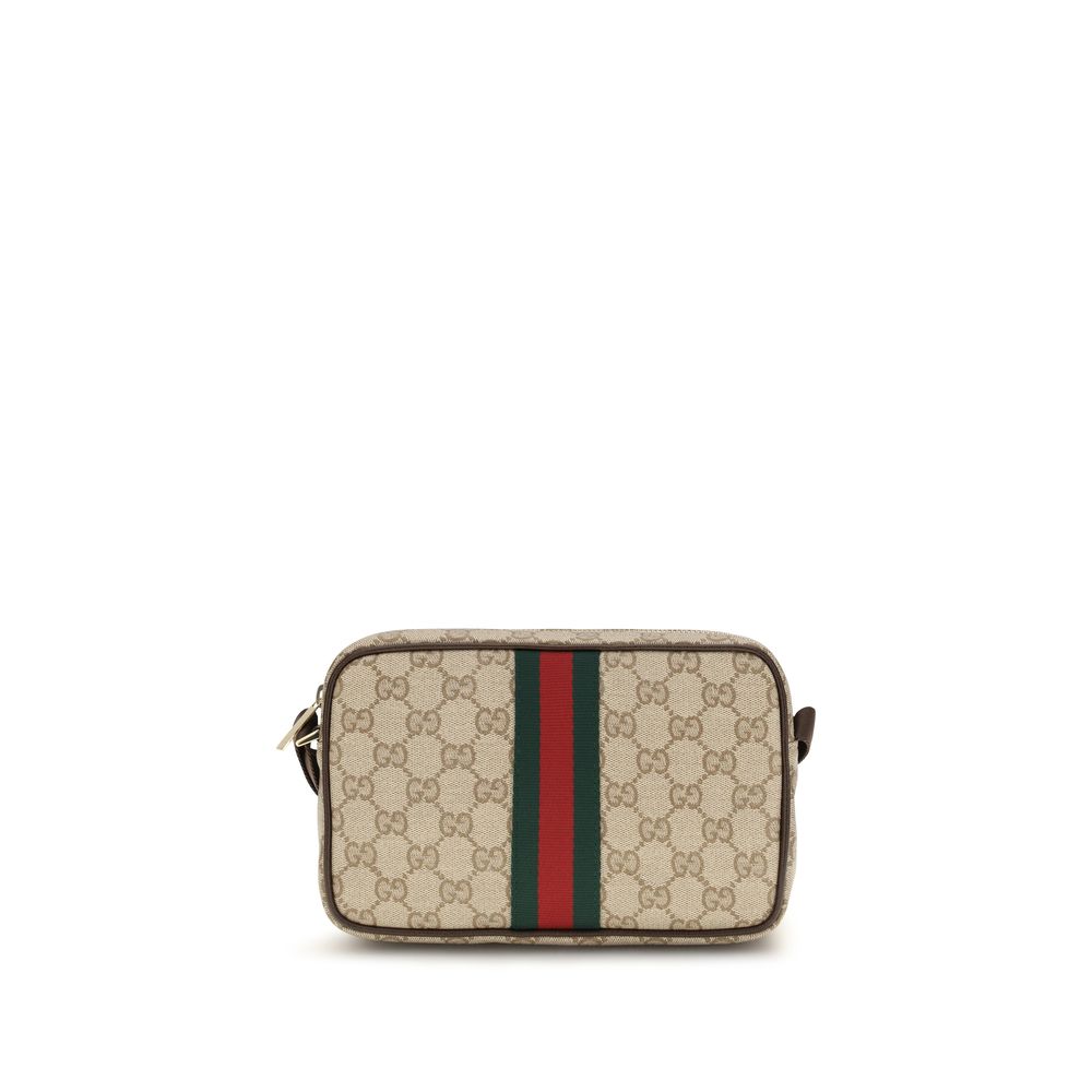 Beige GG Baumwollschultertasche mit Lederbesatz