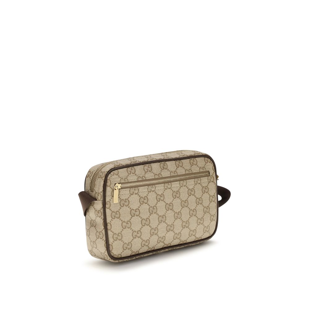 Beige GG Cotton Shoulder Bag with Leather Trim