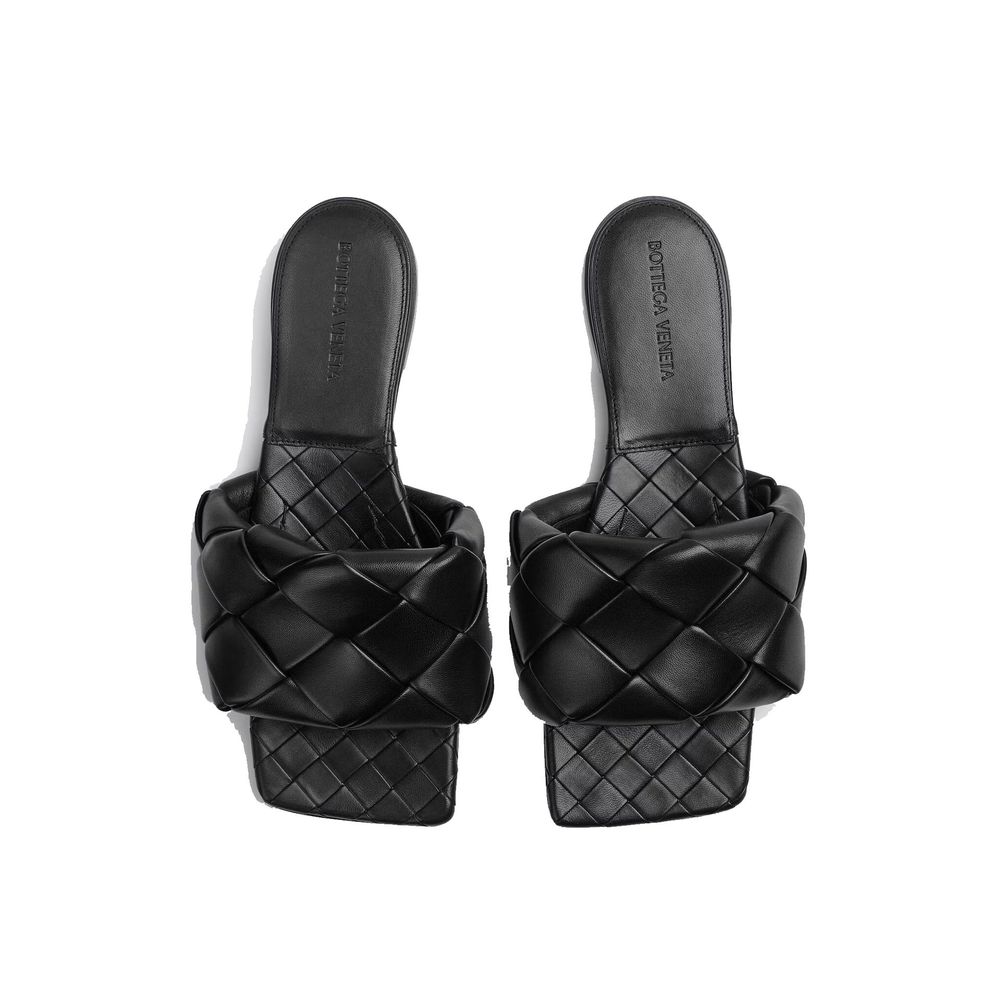 Black Leather Flat Sandals with Square Toe