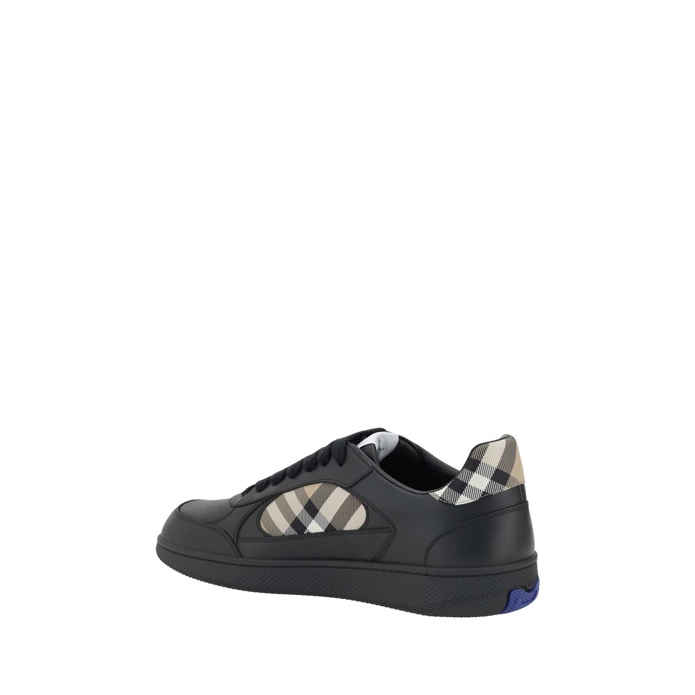 Black Leather Low Top Sneakers with Burberry Check Panel