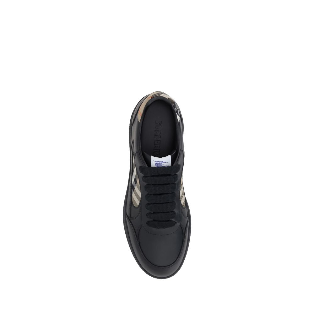 Black Leather Low Top Sneakers with Burberry Check Panel