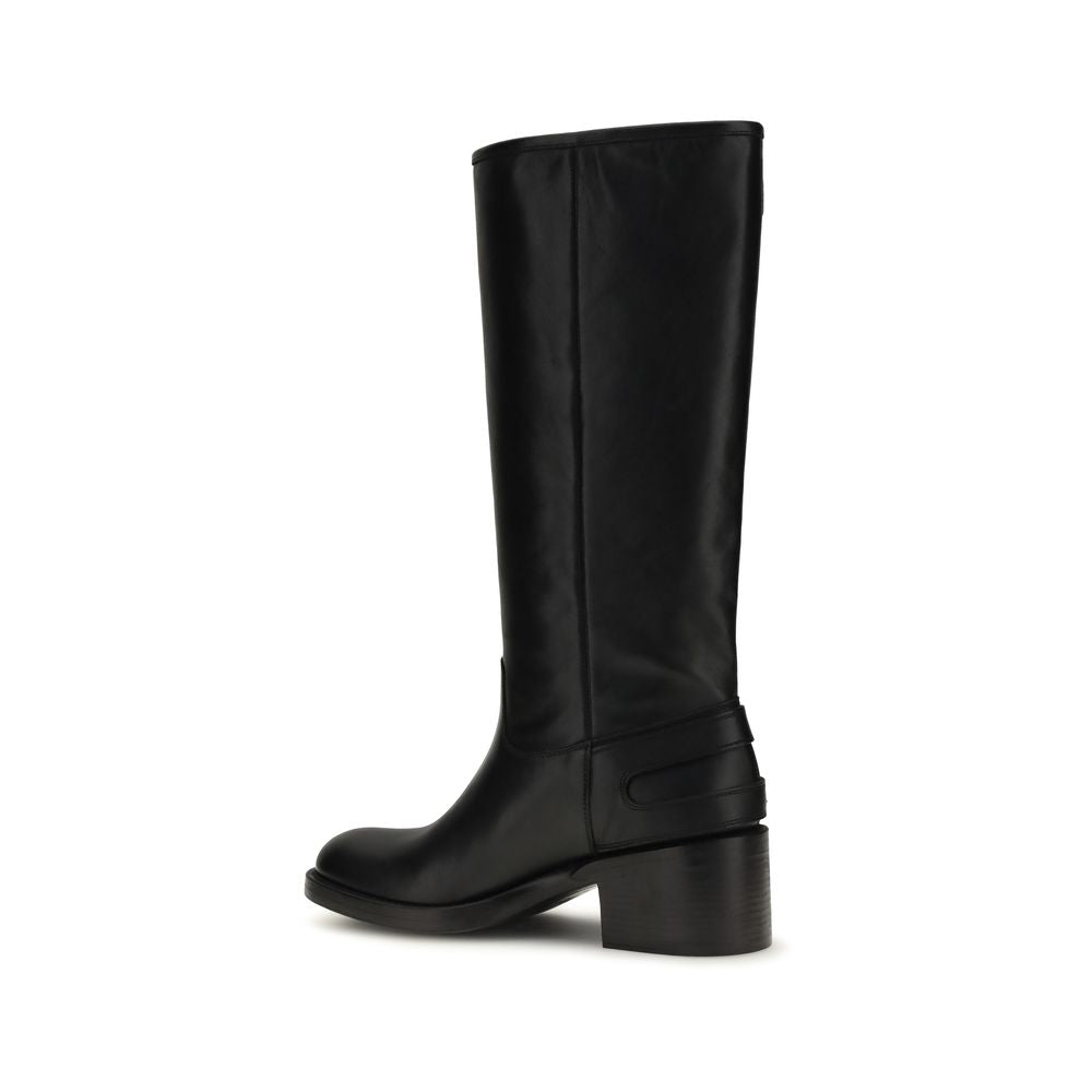 Black Leather Flat Boots with Buckle Detail