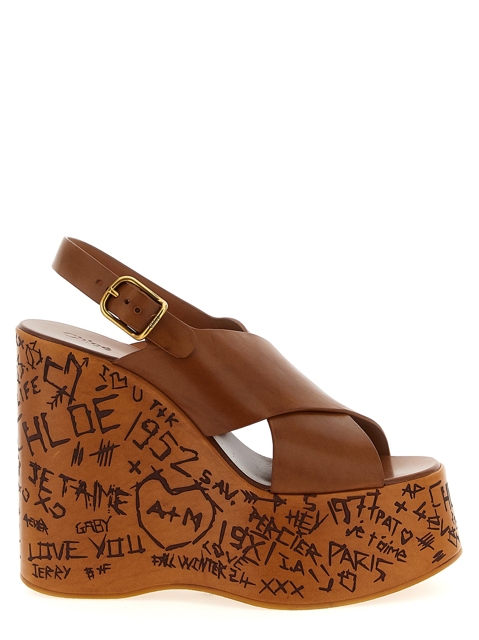 Chloé Brown Maxime Wedge Sandals Calf Leather
