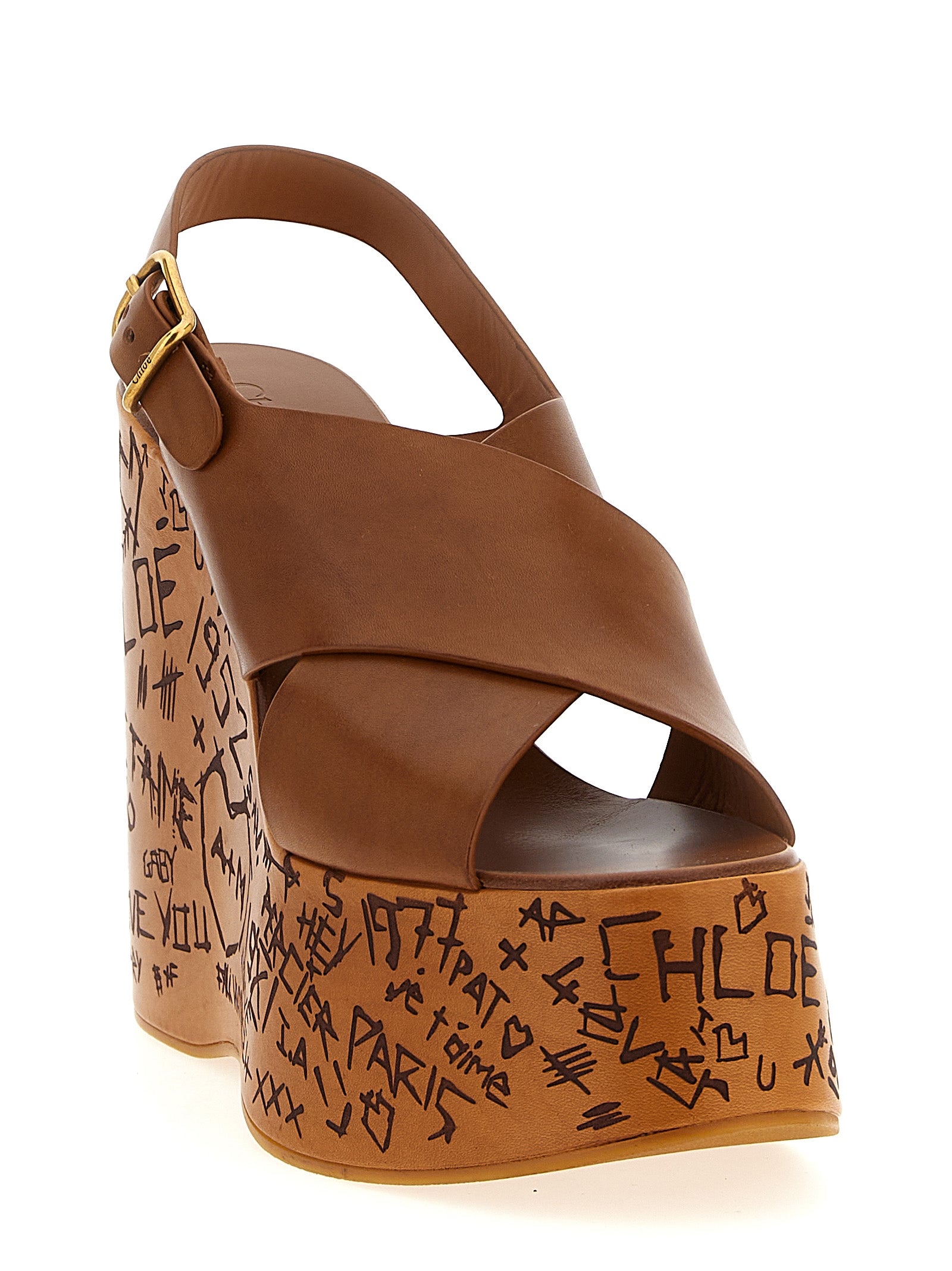 Chloé Brown Maxime Wedge Sandals Calf Leather