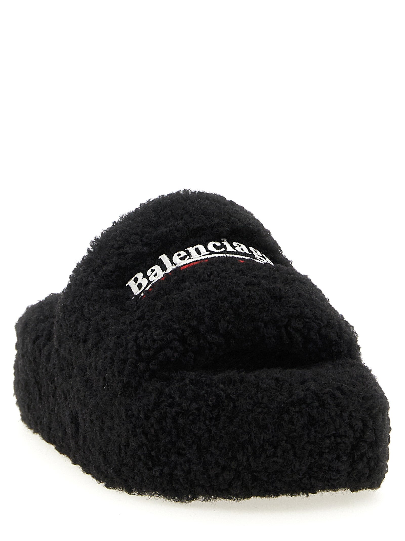 Balenciaga Black Furry Platform Synthetic Slides