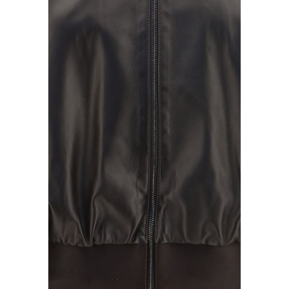 Brown Leather Bomber Jacket with Satin Trims