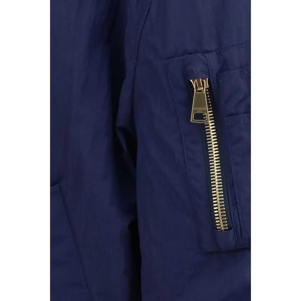 Blue Synthetic Bomber Jacket with Embroidered Logo