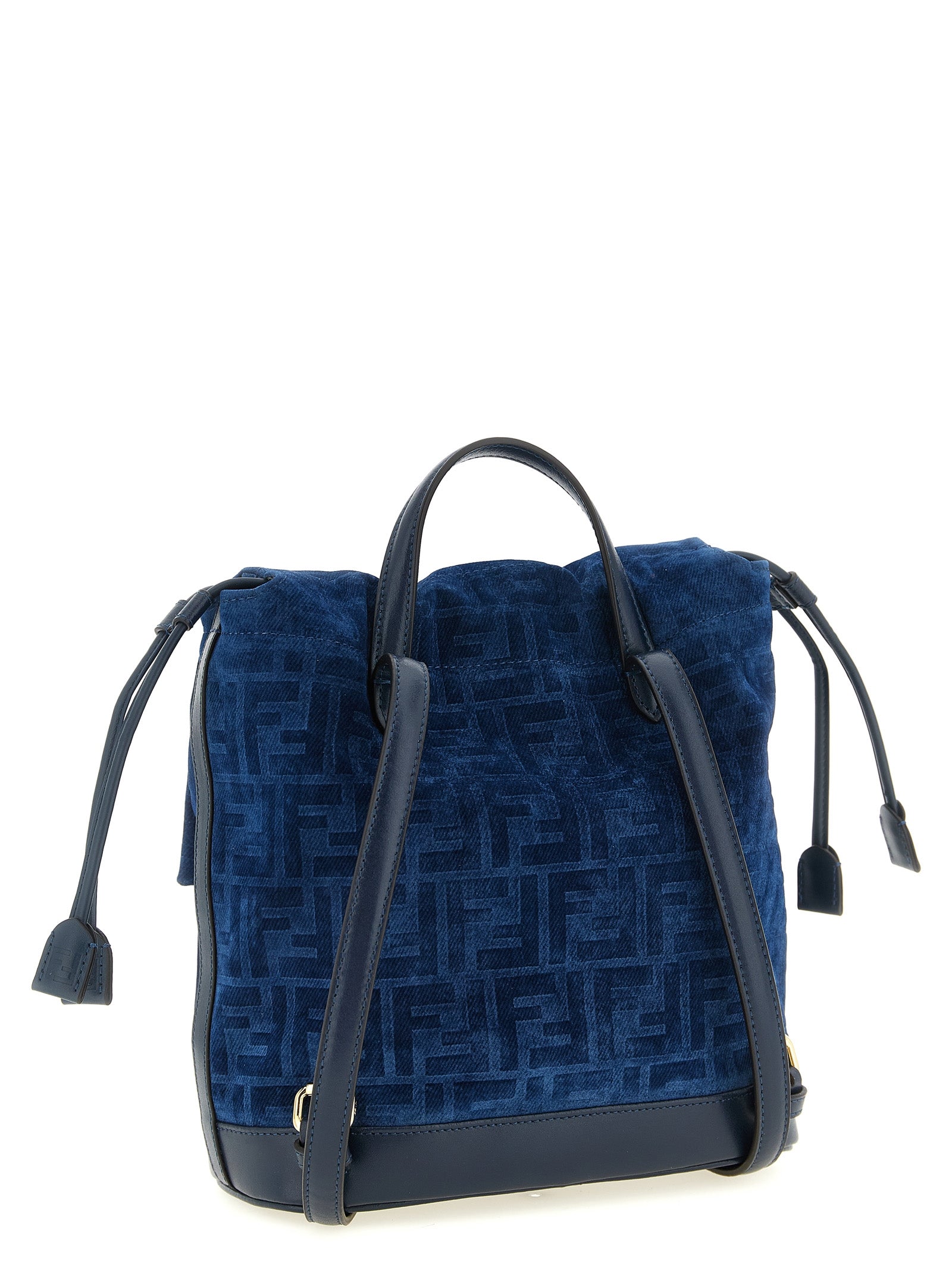 FENDI Blue Backpack Cotton Denim Calf Leather
