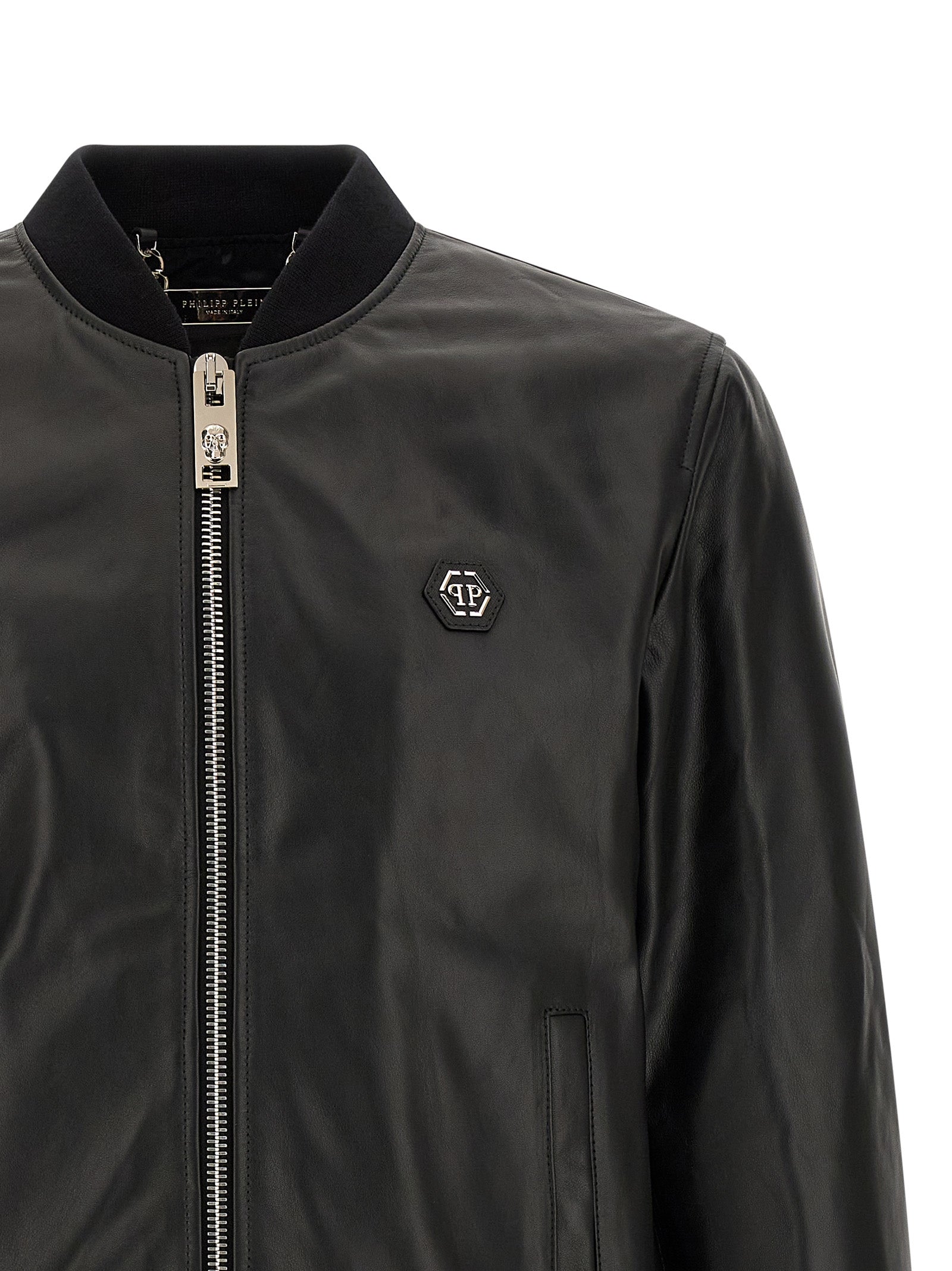PHILIPP PLEIN Black Billy Lambskin Leather Bomber Jacket