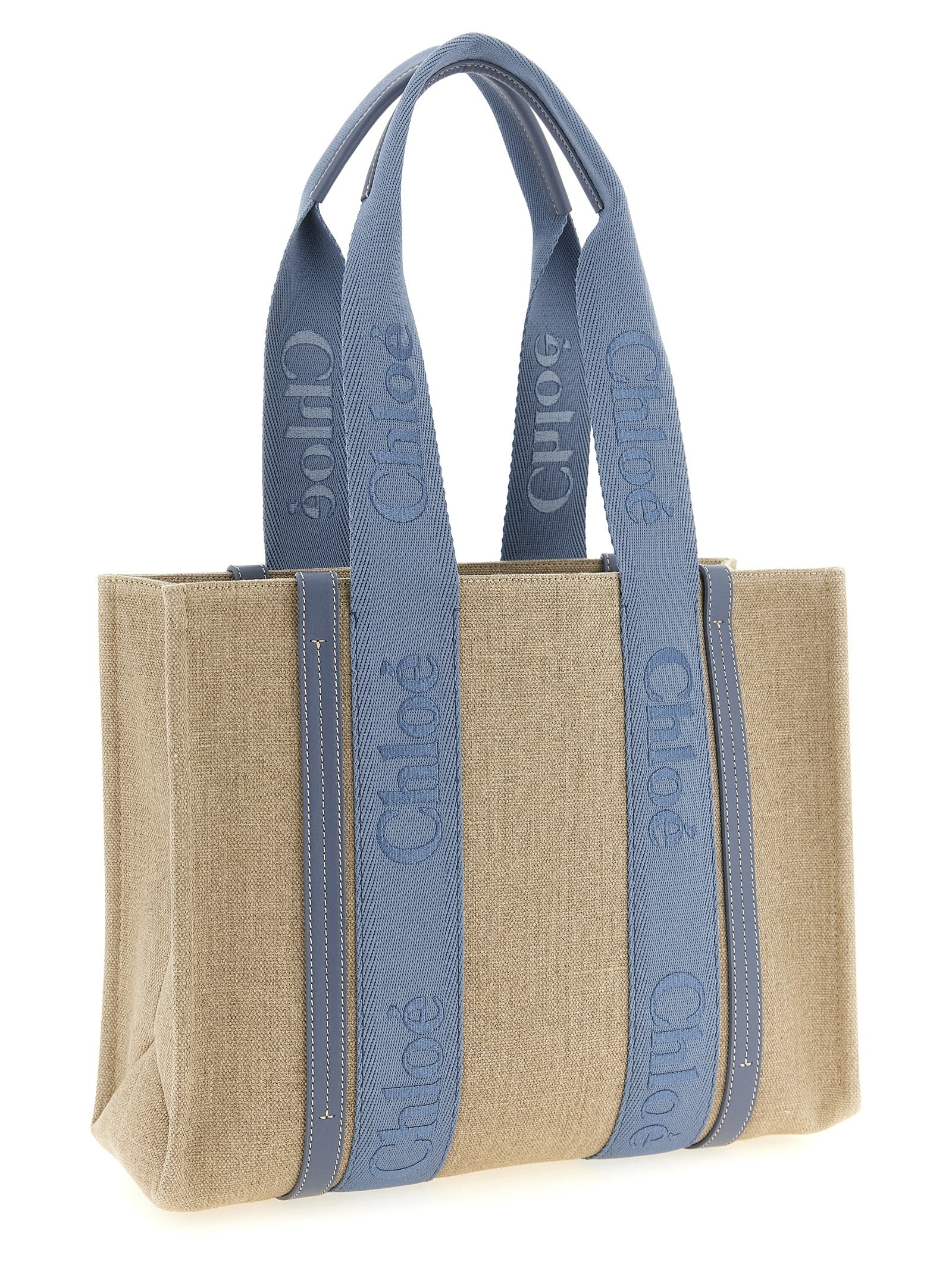 Chloé Blue Woody Medium Linen Tote Bag