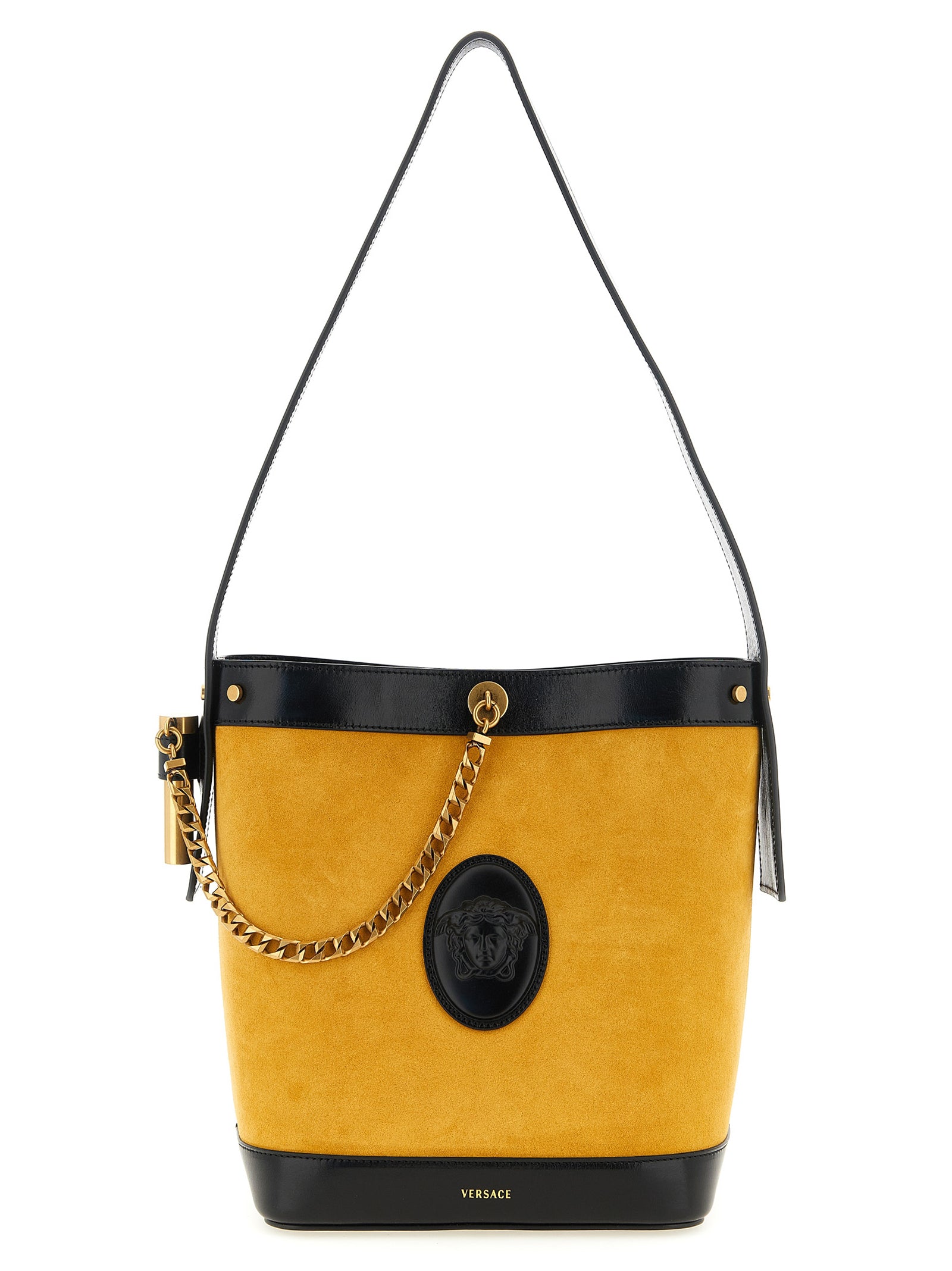 Versace Yellow Pivot Small Bucket Leather Shoulder Bag
