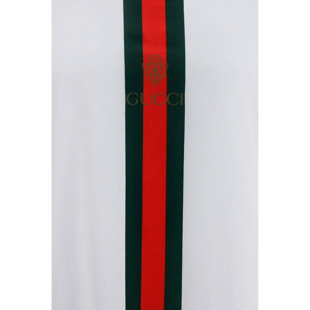 White Cotton T-Shirt with Gucci Web Stripe and Crest Print