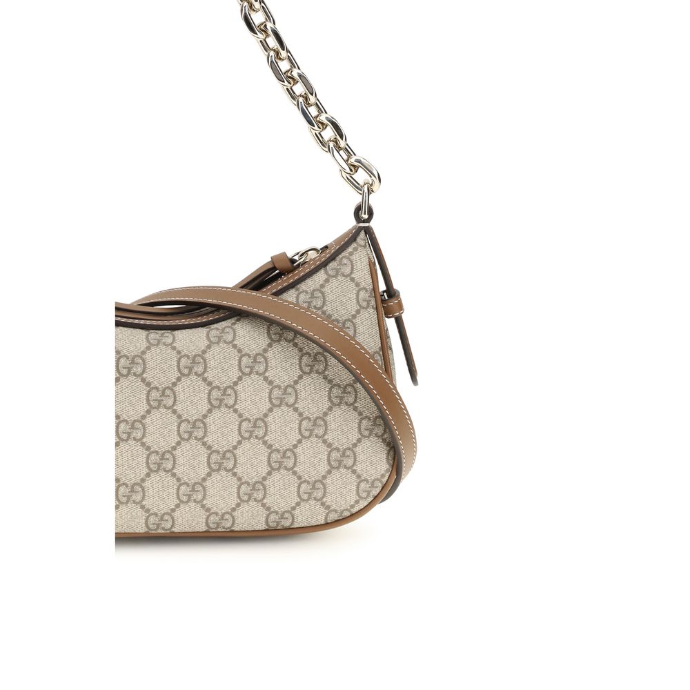 Beige GG Emblem Shoulder Bag with Leather Trim