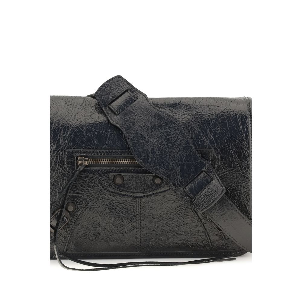 Black Leather Shoulder Bag with Flap Closure