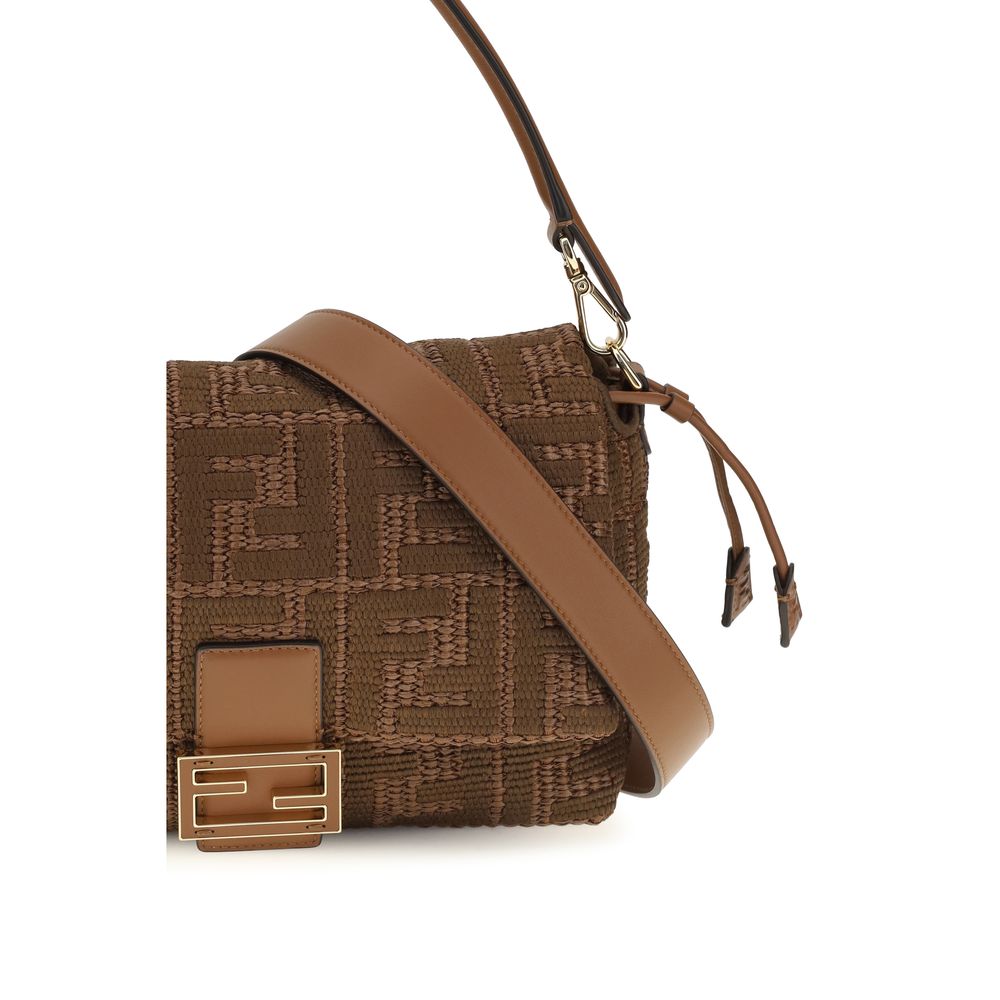 Brown Raffia and Leather Shoulder Bag with FF Motif