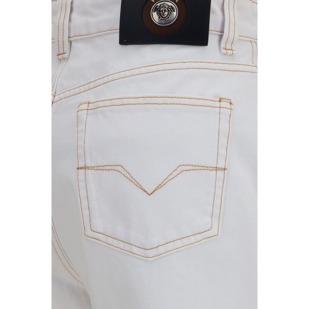 White Cotton High-Waisted Jeans with Leather Patch