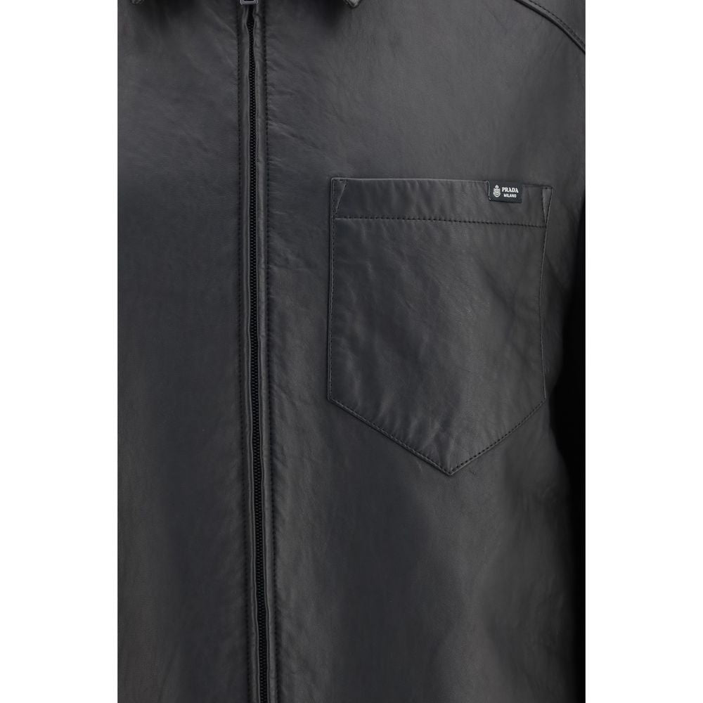 Black Leather Jacket with Shirt Collar by Prada