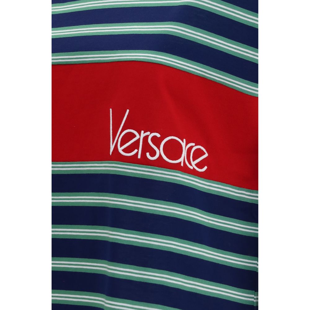 Multicolor Cotton T-Shirt with Striped Intarsia and Logo Embroidery