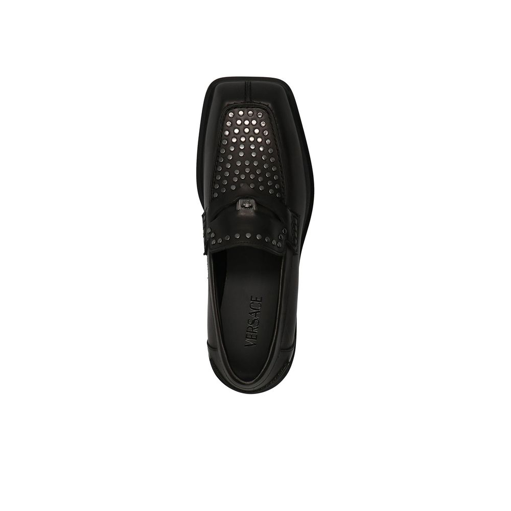 Black Leather Loafers with Studded Toe Detail