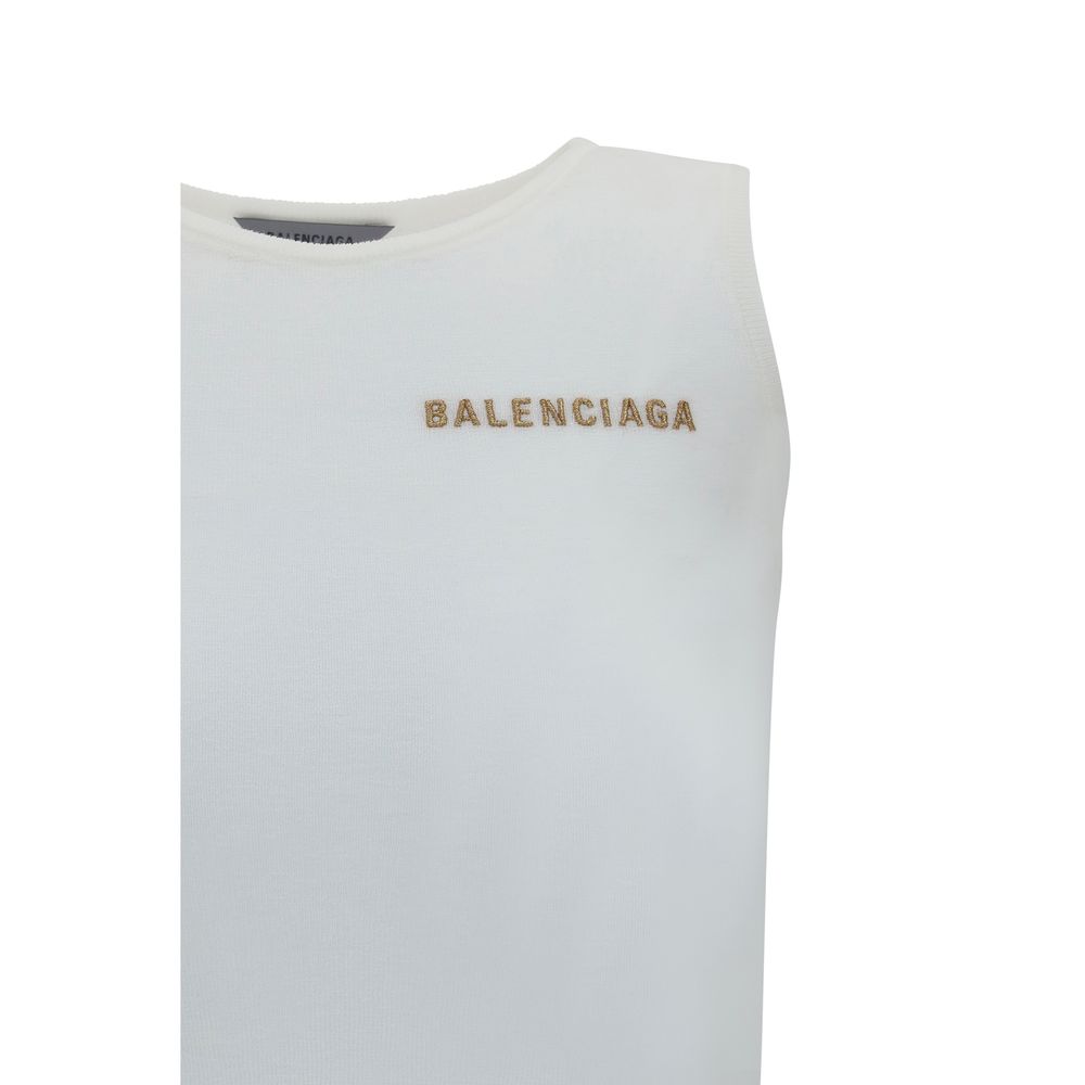 White Cotton Balenciaga Tank Top with Logo Embroidery