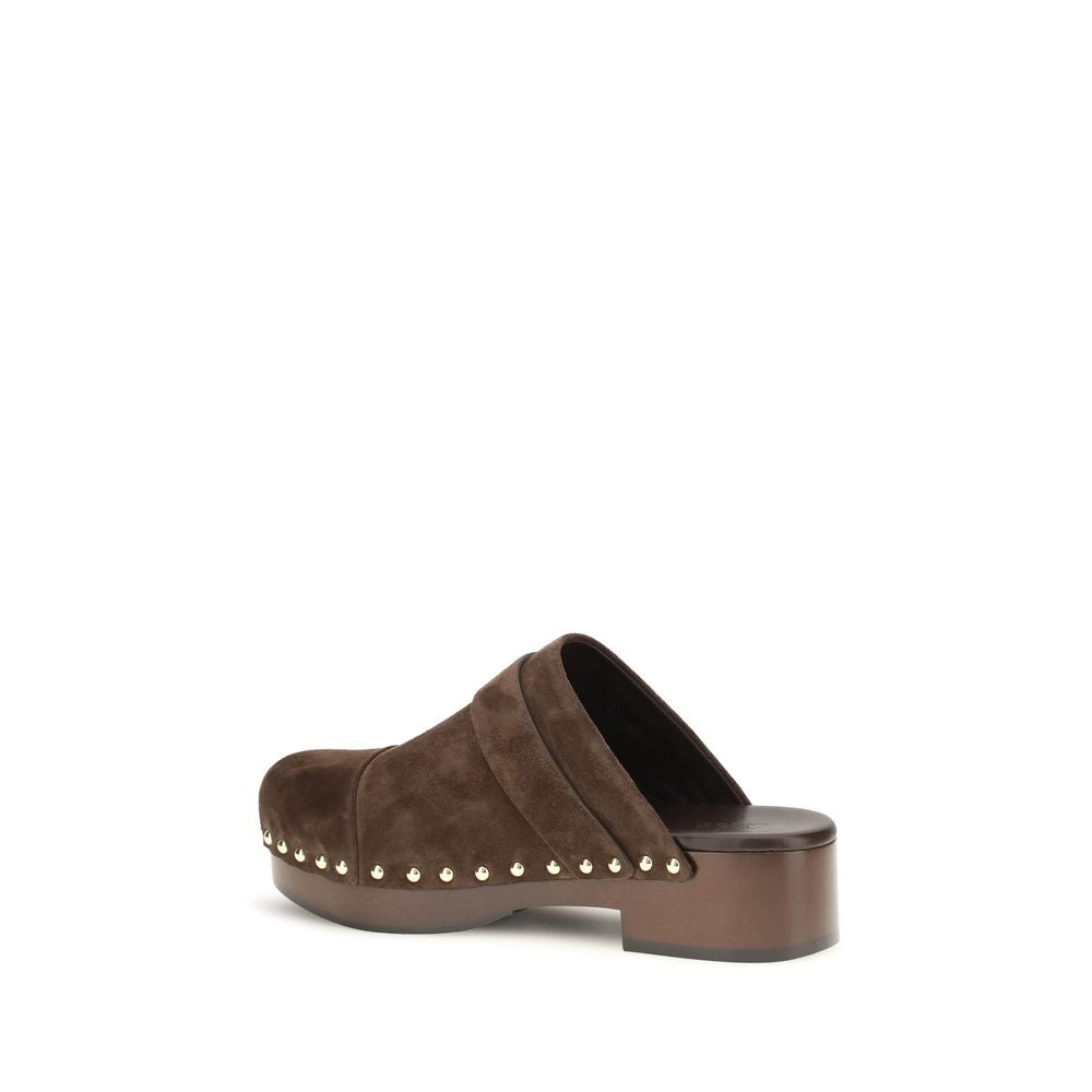 Brown Leather Clog Mules with Wooden Wedge and Buckle