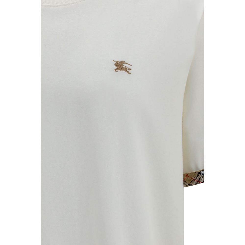 White Cotton T-Shirt with Burberry Check Trim