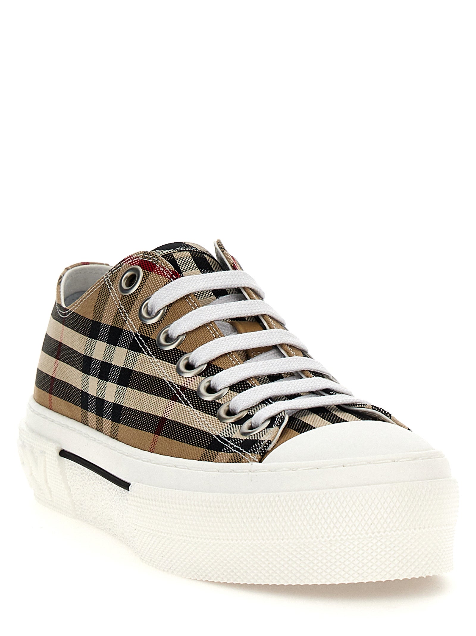 Burberry Beige Check Print Canvas Low Top Sneakers Calf Leather