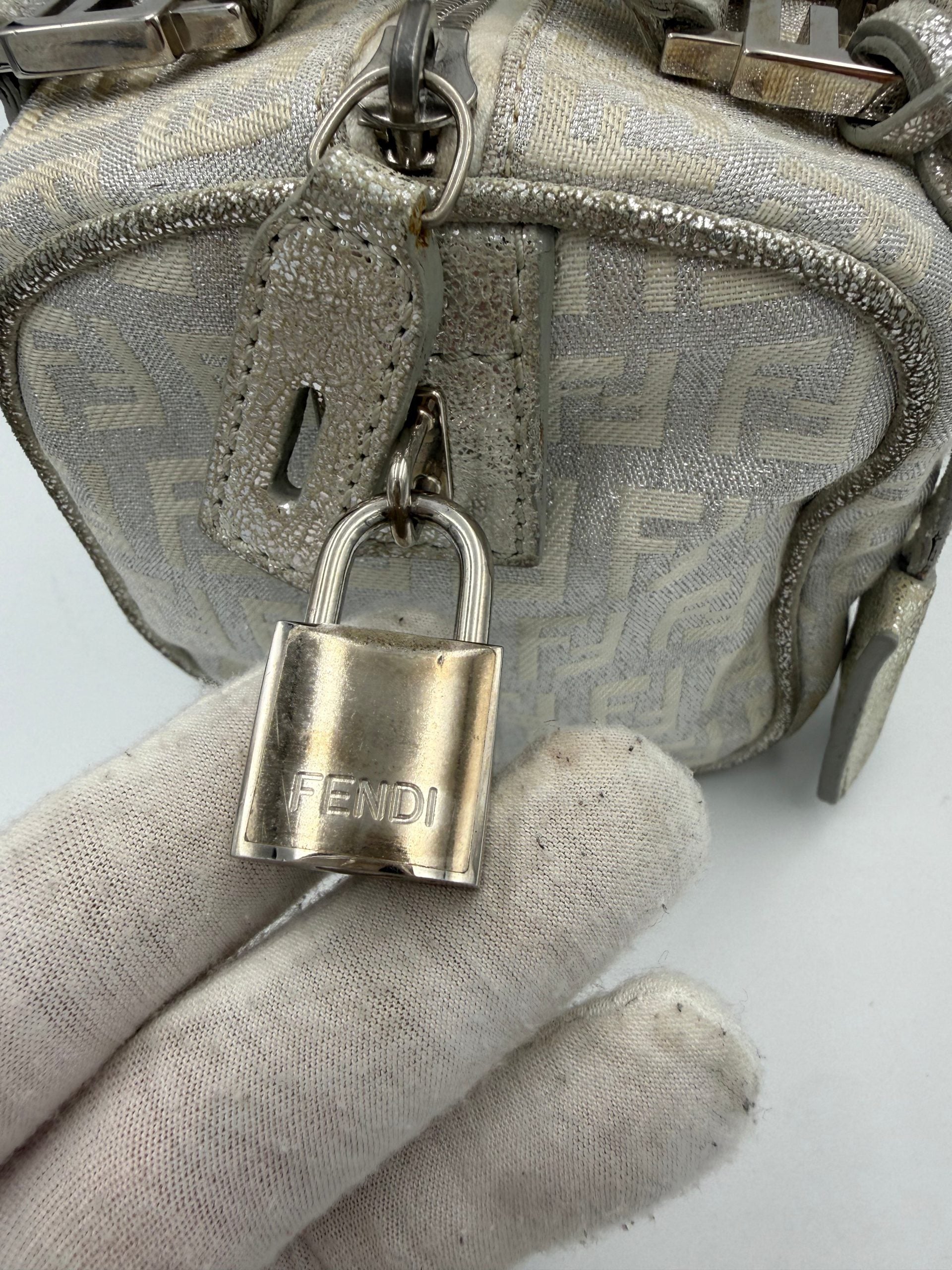 Fendi White FF Zucchino Mini Bauletto Laminated Handbag