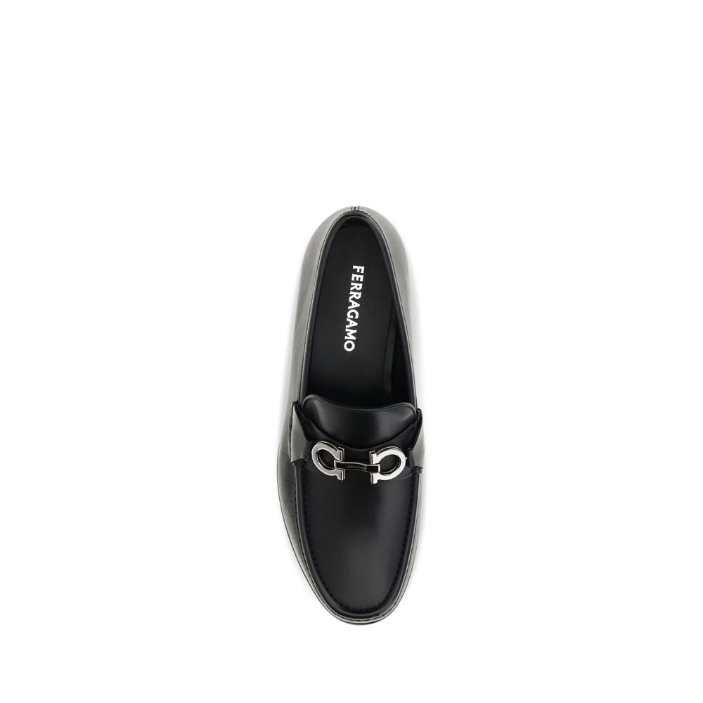 Ferragamo Black Calf Leather Slip-On Loafers