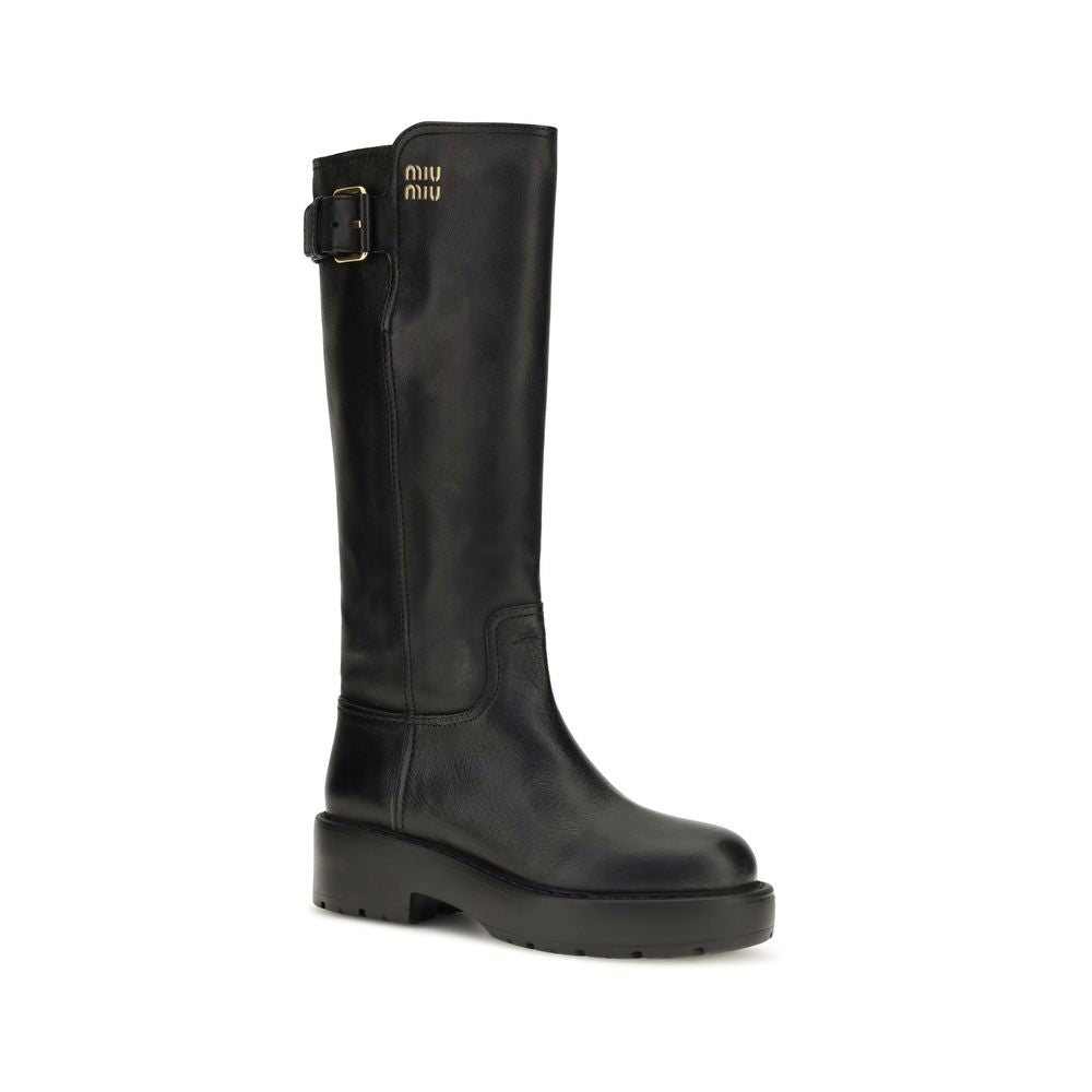 Miu Miu Black Calf Leather Flat Boots