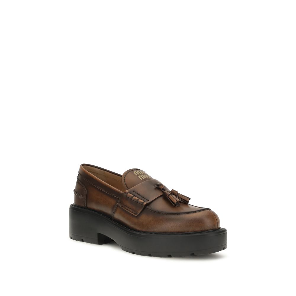 Miu Miu Brown Calf Leather Platform Loafers